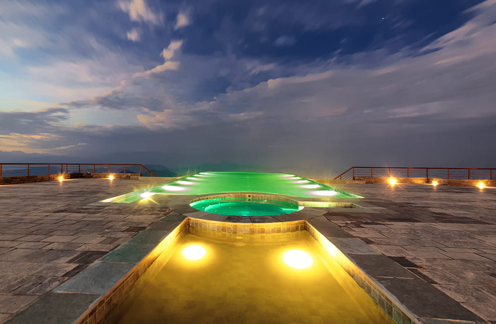 Infinity pool at Chandragiri Hills Resort offering breathtaking Himalayan views